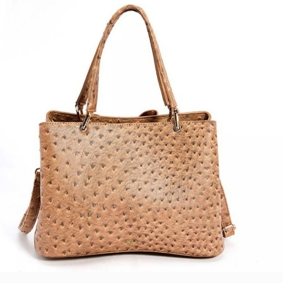 Ostrich Bow Faux Leather 3 Compartment Satchel - Camel - Picture 3 of 13